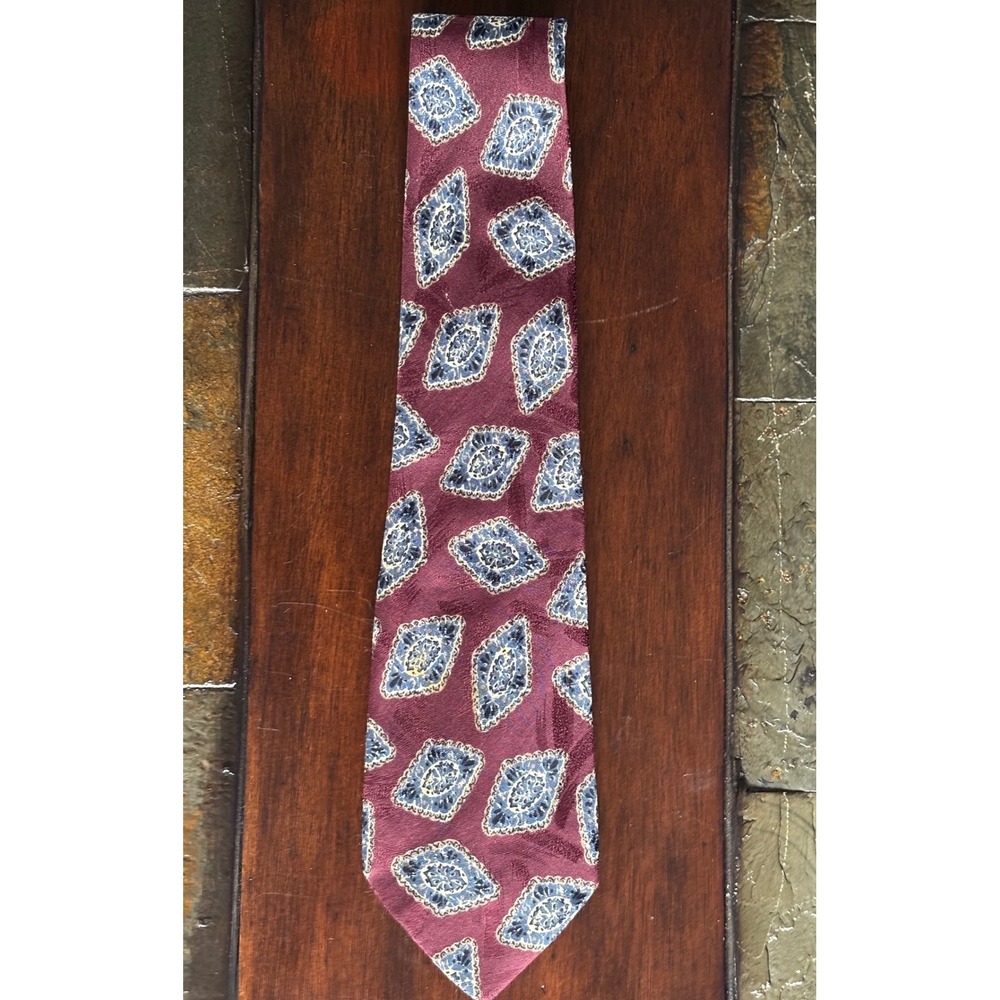 Gitman Bros for MUSA Men's Silk Neck Tie Maroon Blue Diamond Pattern USA Vintage